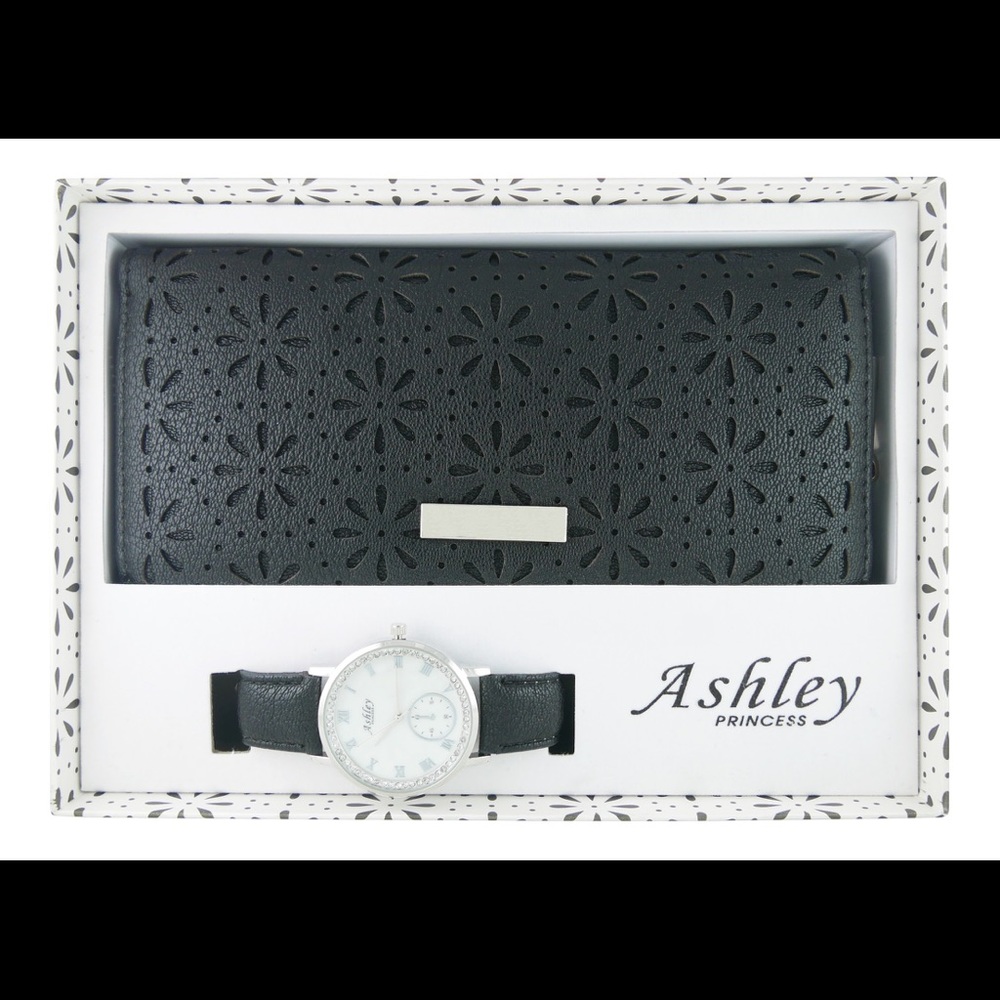 Ladies Floral Cut Out Soft Wallet with Bling Watch